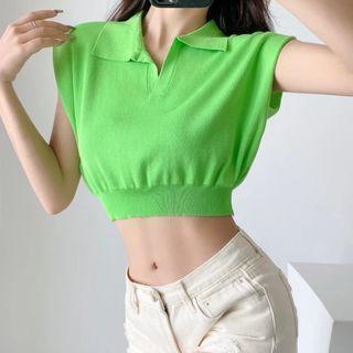 Cap-sleeve Polo Neck Knit Top