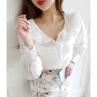 Set: Frilled-collar Sheer Blouse + Spaghetti-strap Top One Size