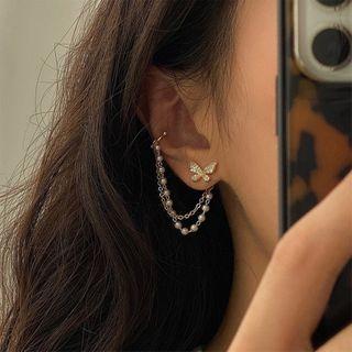 Non-matching Rhinestone Butterfly Faux Pearl Chained Earring