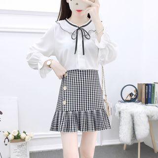 Set: Bow-accent Ruffled Blouse + Check Pleated Skirt