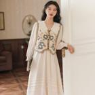 Set: Long-sleeve A-line Dress + Floral Vest