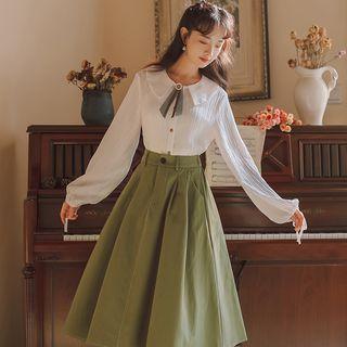 Set: Tie-neck Shirred Blouse + Midi A-line Skirt