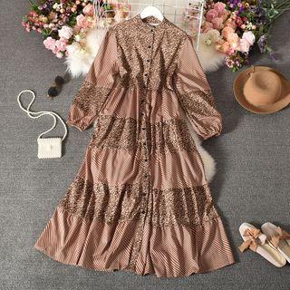 Long-sleeve Leopard Print Panel Midi Shirtdress Coffee - One Size