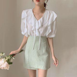 Ruffle Trim Short-sleeve Blouse / High-waist Mini Straight-fit Skirt