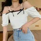Elbow-sleeve Cold-shoulder Ribbon Top