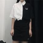 Short Sleeve Color Block Butterfly Embroidered Shirt Black & White - One Size