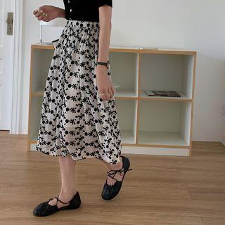 Floral Midi A-line Skirt White & Black - One Size
