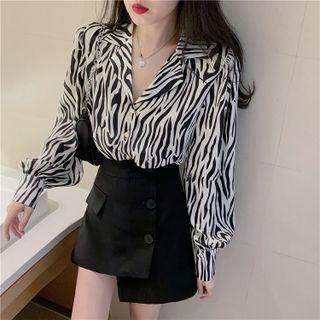 Long-sleeve Open-collar Zebra Print Blouse