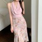 V-neck Halter Top / Asymmetrical Floral Skirt
