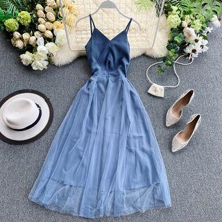 Spaghetti Strap Mesh Overlay A-line Dress