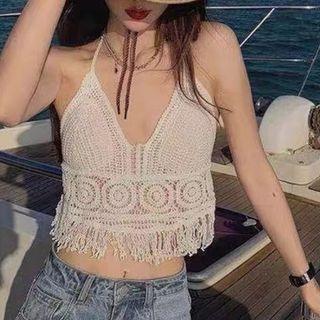 Halter-neck Tassel Trim Crochet Lace Top White - One Size