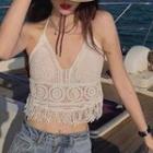 Halter-neck Tassel Trim Crochet Lace Top White - One Size