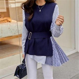 Set: Pleated-trim Blouse + Knit Vest With Belt