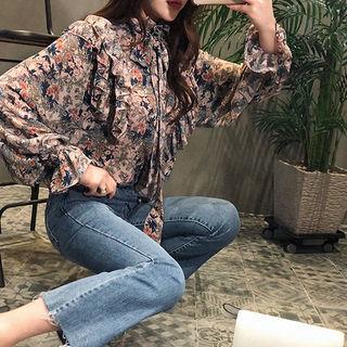 Frilled Floral Chiffon Blouse With Sash