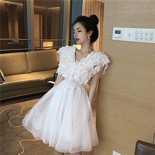 Ruffle V-neck Sleeveless Dress White - One Size