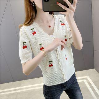 Puff-sleeve Cherry Embroidered Cardigan