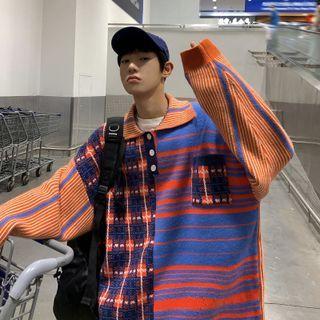 Plaid Panel Striped Collared Sweater