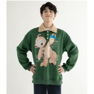 Bear Print Fleece Trim Polo Sweatshirt