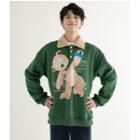 Bear Print Fleece Trim Polo Sweatshirt