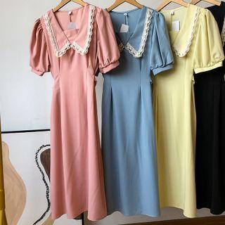 Puff-sleeve Peter Pan-collar Lace Panel A-line Dress