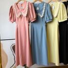 Puff-sleeve Peter Pan-collar Lace Panel A-line Dress