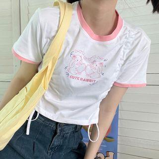 Short-sleeve Cartoon Print Drawstring T-shirt White - One Size
