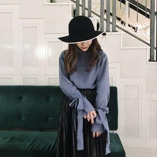 Tie-cuff Elbow Sleeve Knit Sweater Purplish Blue - One Size