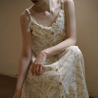 Spaghetti-strap Floral Button-up Midi A-line Dress
