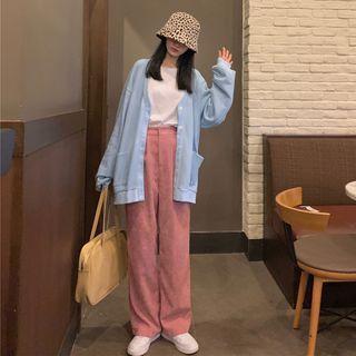 Plain Knit Cardigan + High-waist Wide-leg Pants
