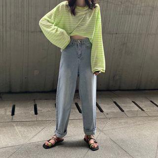 Striped Long-sleeve Top / Wide-leg Jeans