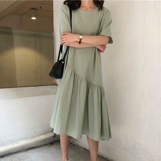 Plain Ruffle Hem Elbow Sleeve Midi Dress