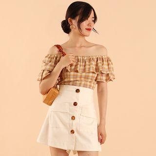 Ruffle Plaid Off-shoulder Crop Top