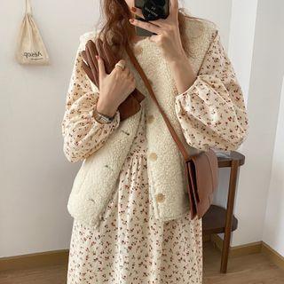 Long-sleeve Floral Dress / Single Breasted Faux Fur Vest