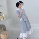 Plaid Short-sleeve Blouse / Lace Trim Midi A-line Skirt