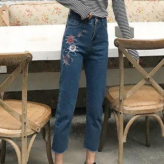 Flower Embroidered Fray Hem Straight Cut Jeans