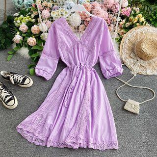 Lace-trim V-neck Short-sleeve Midi Dress