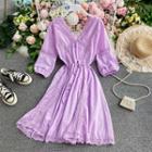 Lace-trim V-neck Short-sleeve Midi Dress
