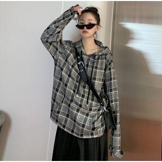 Loose-fit Plaid Hooded Top Dark Gray - One Size