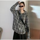 Loose-fit Plaid Hooded Top Dark Gray - One Size