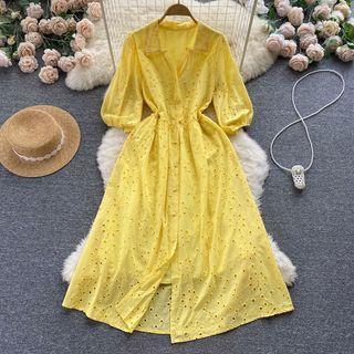 Elbow-sleeve V-neck Plain Cutout Lace Dress