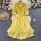 Elbow-sleeve V-neck Plain Cutout Lace Dress
