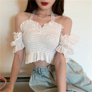 Short-sleeve Lace Trim Cold-shoulder Crop Top