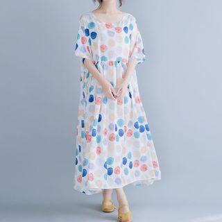 Short-sleeve Maxi Dotted Chiffon Dress Milky White - One Size