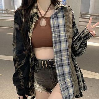 Plaid Panel Shirt Black & Gray - One Size