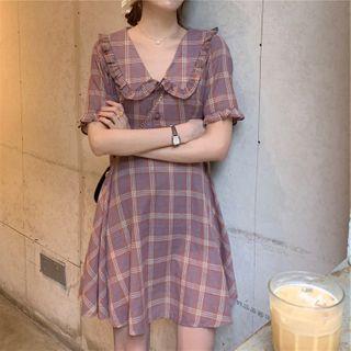 Plaid Ruffle Trim Short-sleeve A-line Dress