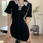 Short-sleeve Lace-up A-line Polo Dress Black & Gray - One Size