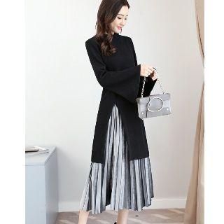 Set: Slit-side Knit Long Top + Shimmer Midi Skirt