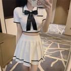 Collared Cropped T-shirt / Pleated Mini A-line Skirt / Bowtie / Set