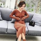 Ribbed Knit Buttoned Long Sleeve Dress