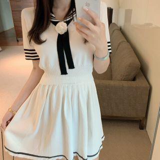 Short-sleeve Striped Tie-neck Top / High-waist Contrast Trim Skirt